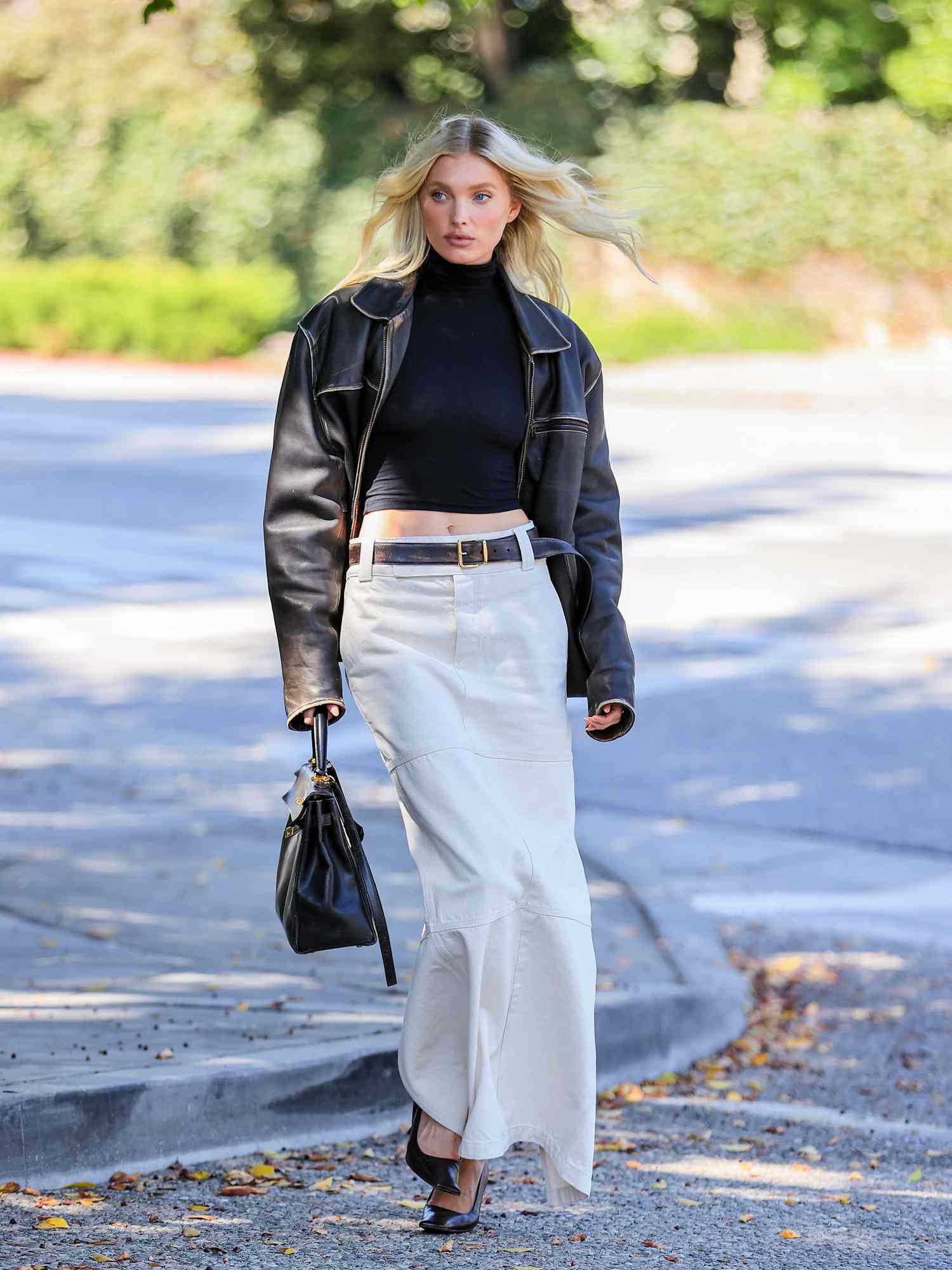 Off-White Denim Maxi Skirt with Leather Jacket for Fall Casual — Skirt Outfits