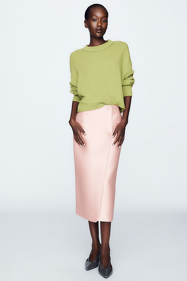 Pale Pink Satin Pencil Skirt with Crewneck Sweater Pale Pink Satin Pencil Skirt with Crewneck Sweater — Pencil Skirts