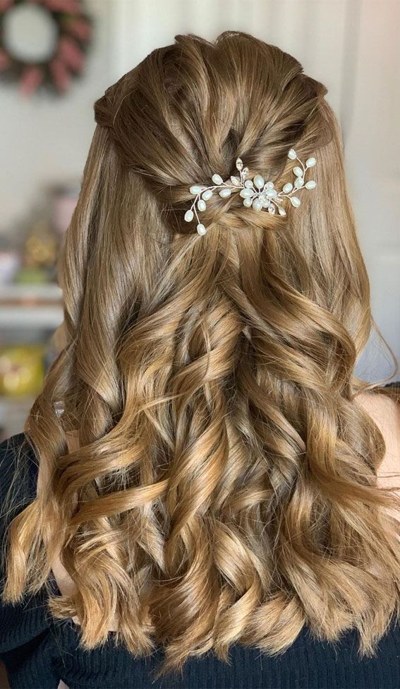 Light Brown Clip Half-Up Bouncy Curls — Half Up Half Down Medium Hair