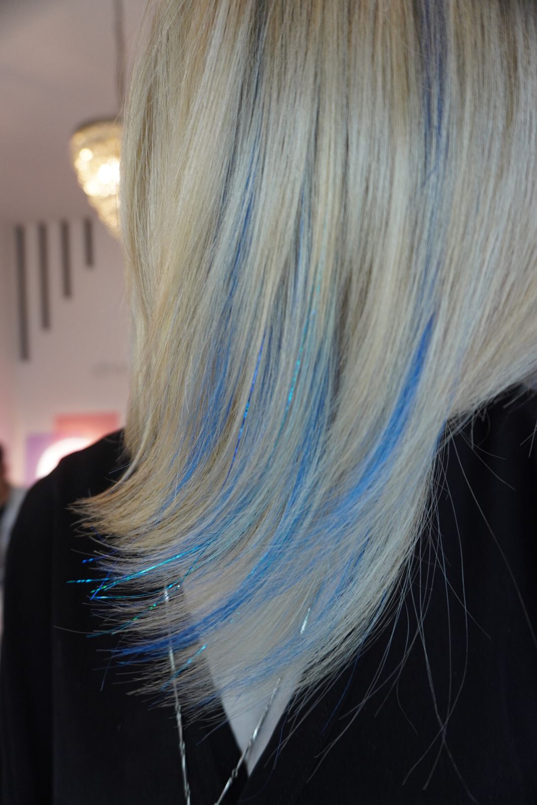 Blue and Silver Tinsel on Sleek Blonde Bob — Hair Tinsel