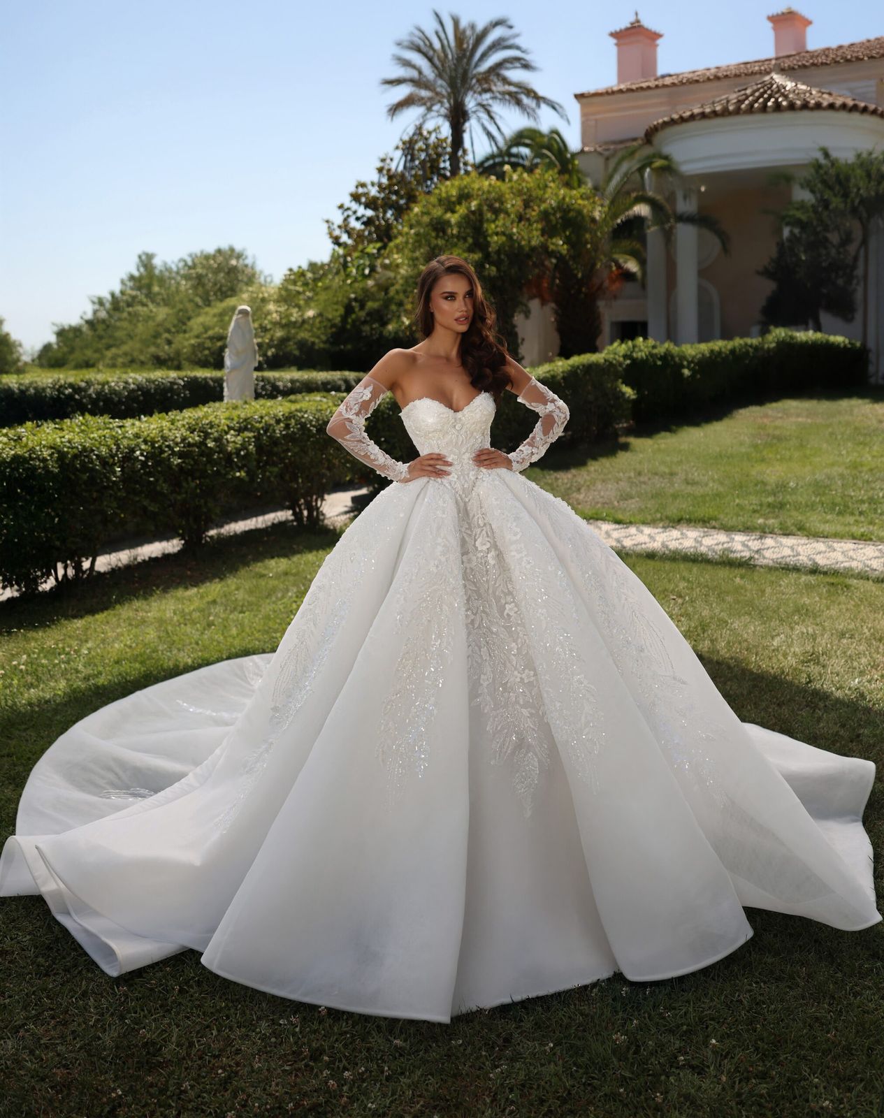 Ivory Ball Gown with Lace Sleeves and Beading Ivory Ball Gown with Lace Sleeves and Beading — Ball Gowns
