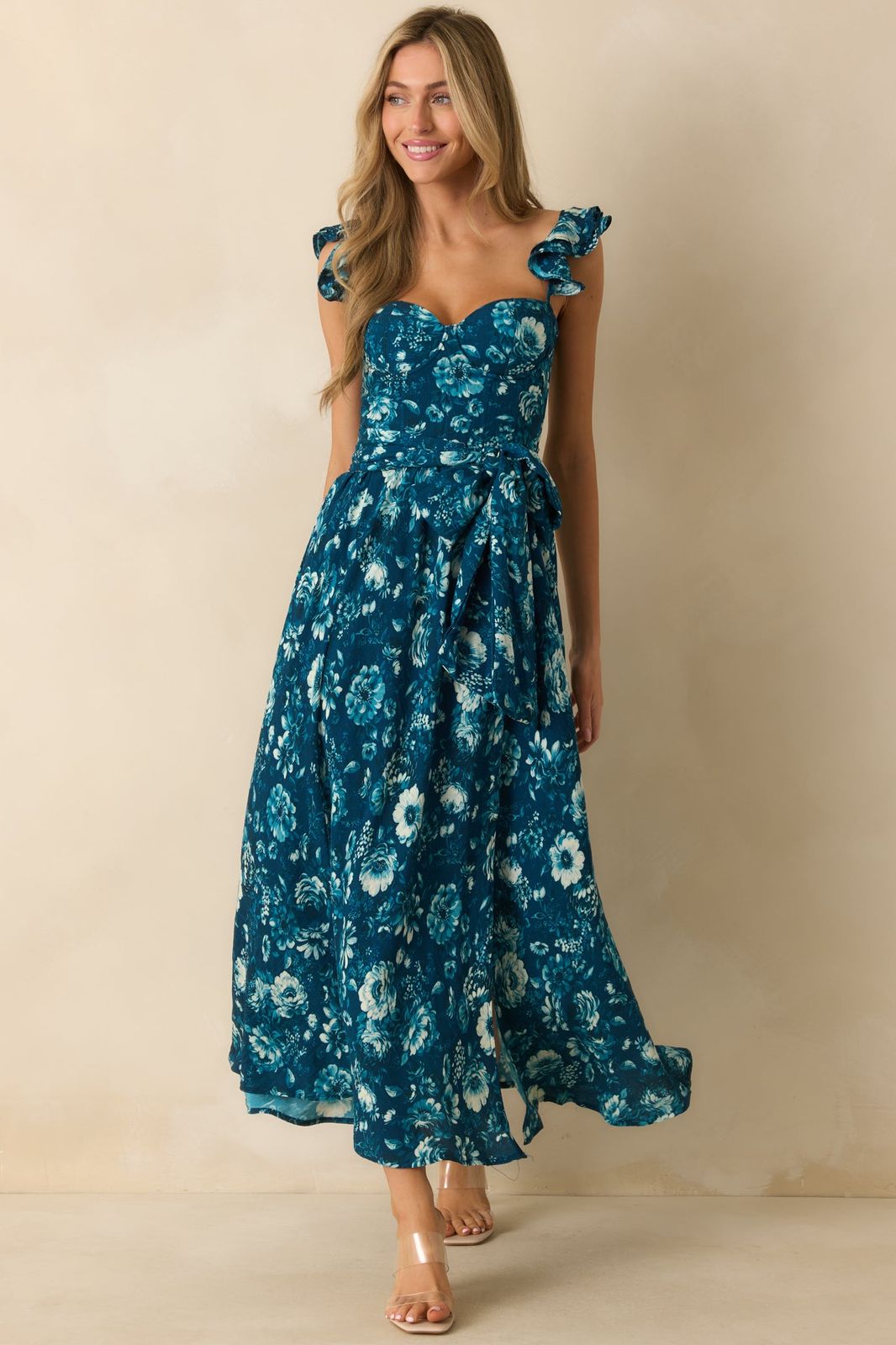 Black Long-Sleeved Dress with Multicolored Floral Print and Tiered Skirt — Floral Dresses