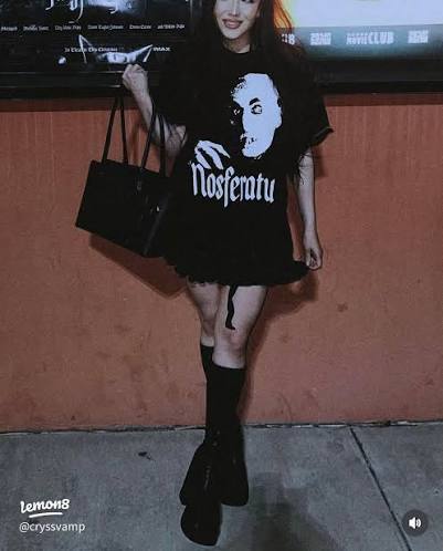 Graphic 'Nosferatu' T-Shirt with Ruffled Mini Skirt Graphic 'Nosferatu' T-Shirt with Ruffled Mini Skirt — Vampire Aesthetic Outfits