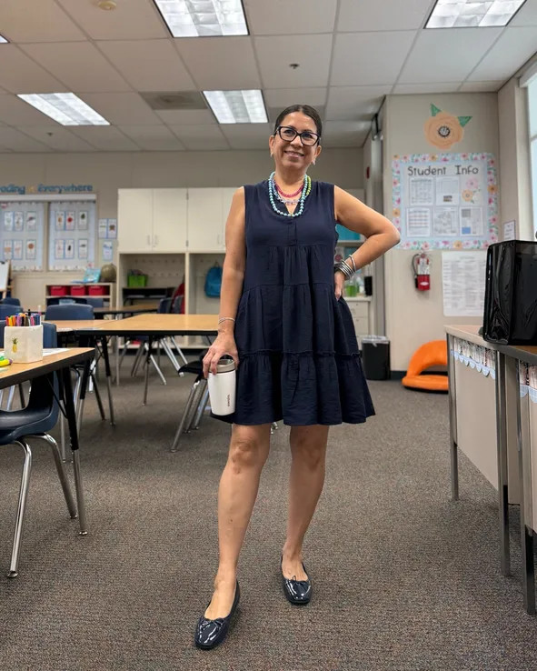 Sleeveless Navy Tiered Dress with Beaded Necklace — Student Teacher Outfits