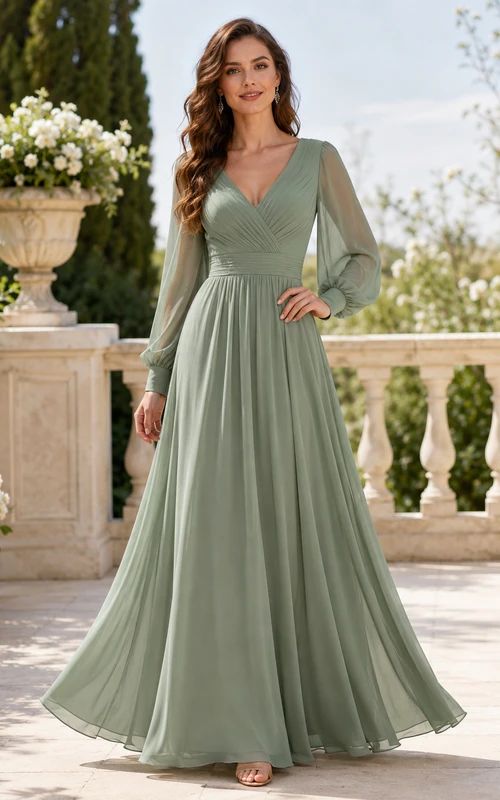 Semi Formal Sage Green Chiffon Maxi Dress with Long Sleeves and Empire Waist — Semi Formal Dresses
