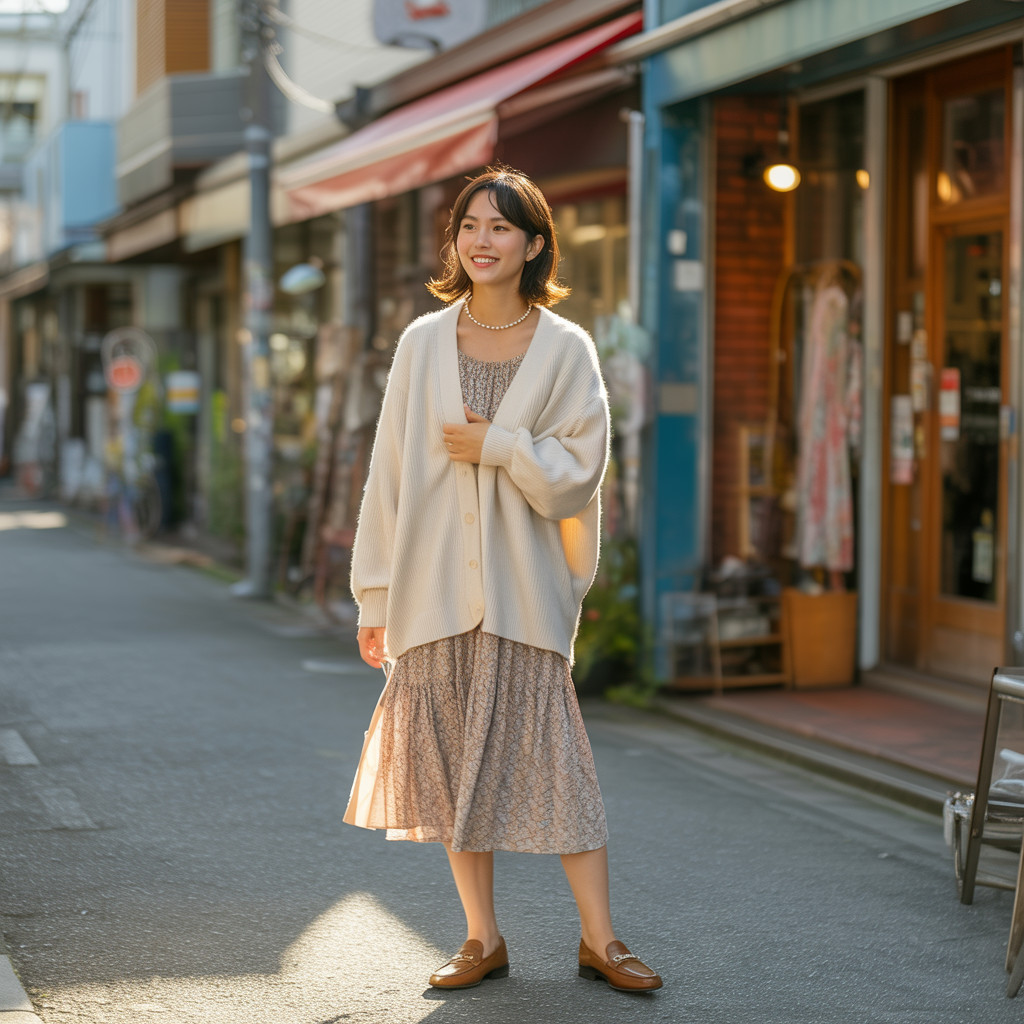 Oversized Cardigan Over Muted Floral Midi Dress Oversized Cardigan Over Muted Floral Midi Dress — Grandmacore Outfits