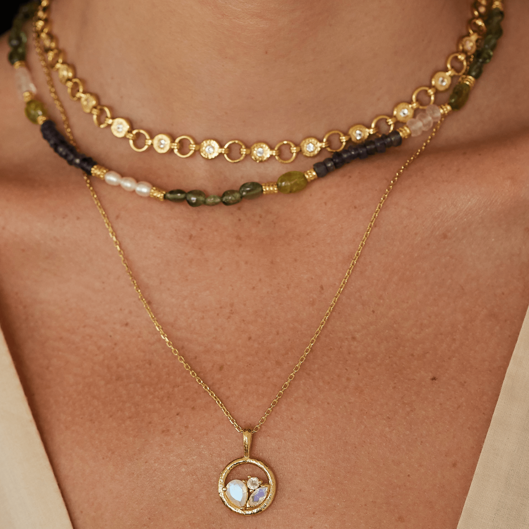 Beige Top Three Layered Necklaces Outfit Idea Beige Top Three Layered Necklaces Outfit Idea