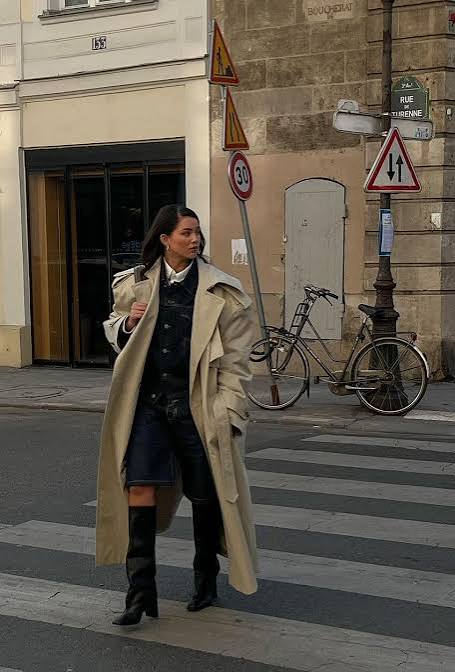 Oversized Beige Trench Coat with Denim Vest — Trench Coats