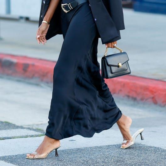 Black Slip Skirt with Blazer and Clear Heeled Mules — Slip Skirt Outfits