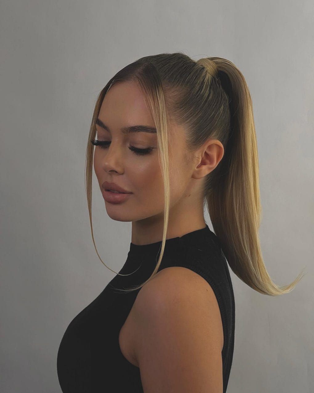 Medium Blonde Sleek High Ponytail — Ponytail with Bangs