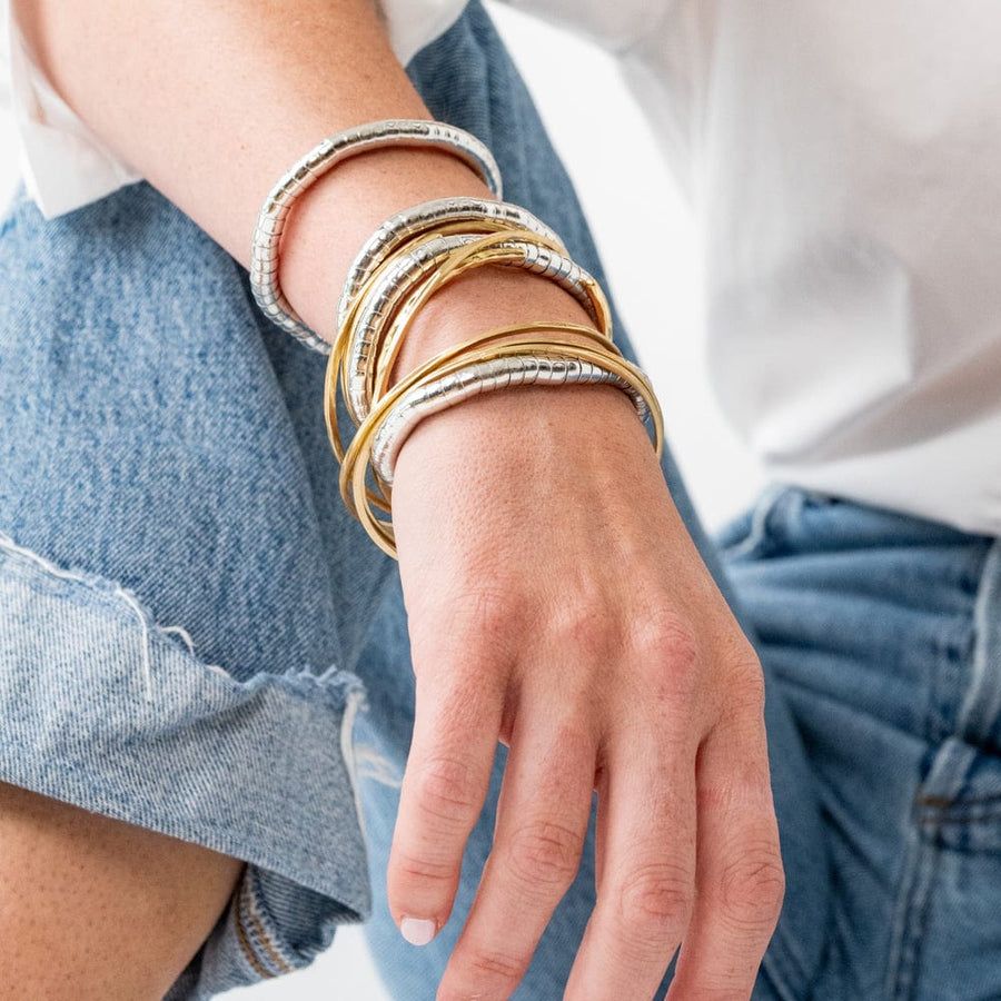 Mixed Metal Bangles with Casual Denim — Bangle Stacks