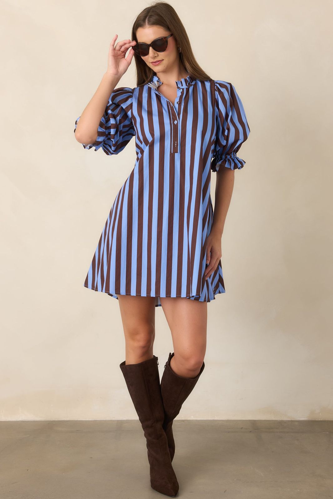 Bold Brown and Blue Puffed Sleeve Mini Dress Bold Brown and Blue Puffed Sleeve Mini Dress — Striped Dresses