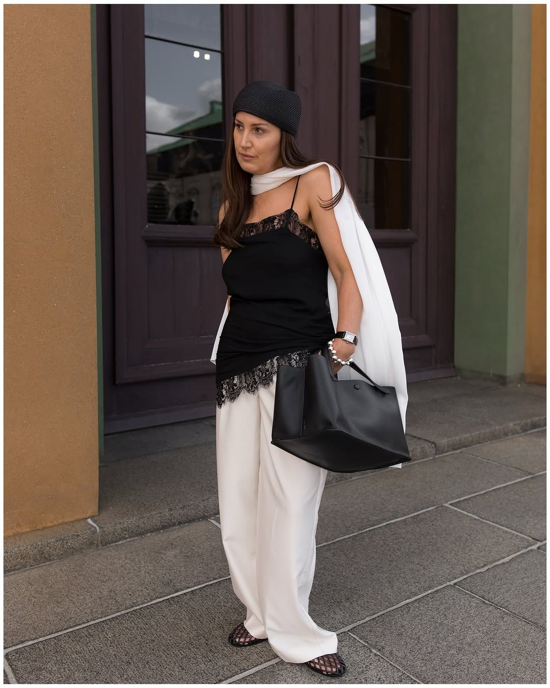 Black Lace Camisole with Flowing White Wide-Leg Trousers Black Lace Camisole with Flowing White Wide-Leg Trousers — Lace Top Outfits