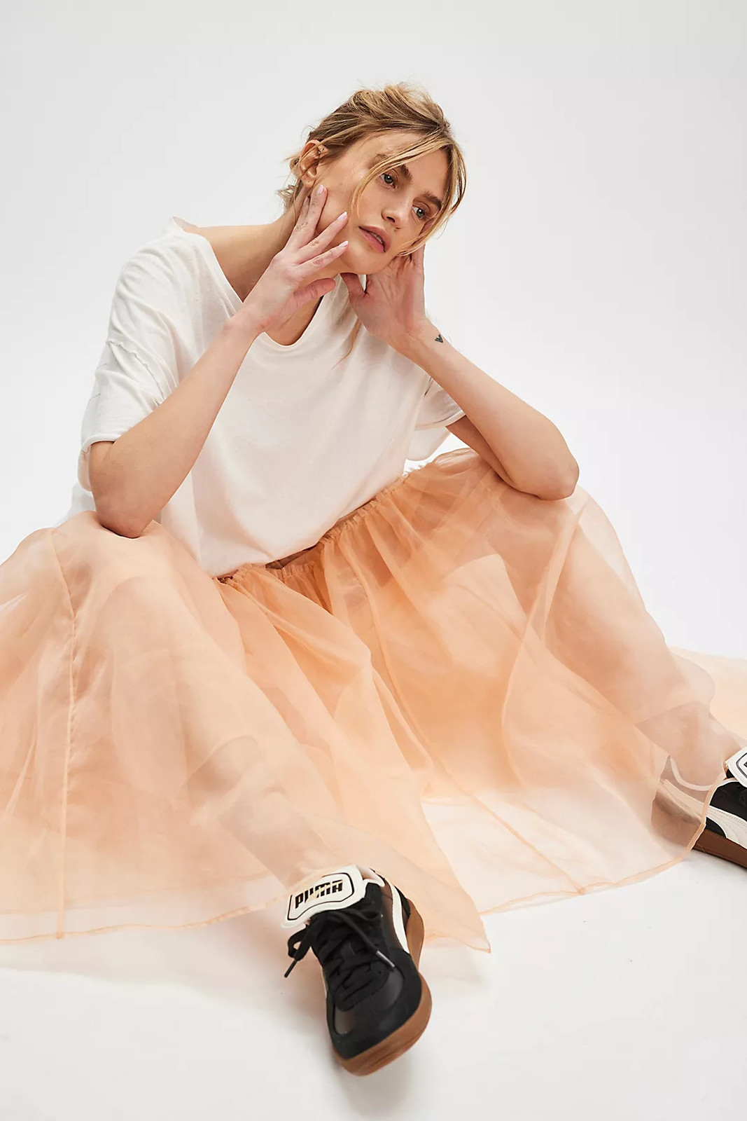 Sheer Peach Tulle Skirt with White T-Shirt Sheer Peach Tulle Skirt with White T-Shirt — Tulle Skirts