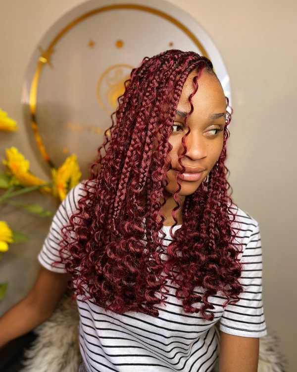 Long Burgundy Fulani Braids with Curly Ends — Burgundy Braids