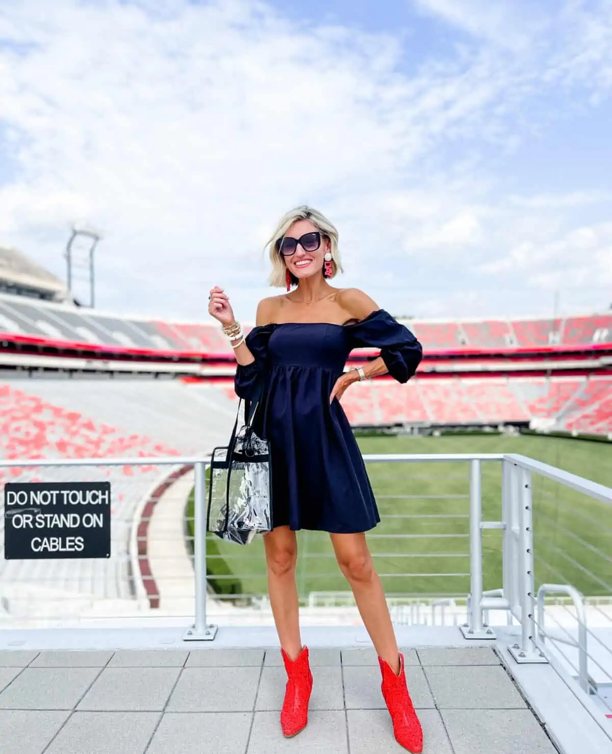 Unexpected Glam: Off-the-Shoulder Dress and Glitter Boots Unexpected Glam: Off-the-Shoulder Dress and Glitter Boots — Soccer Game Outfits