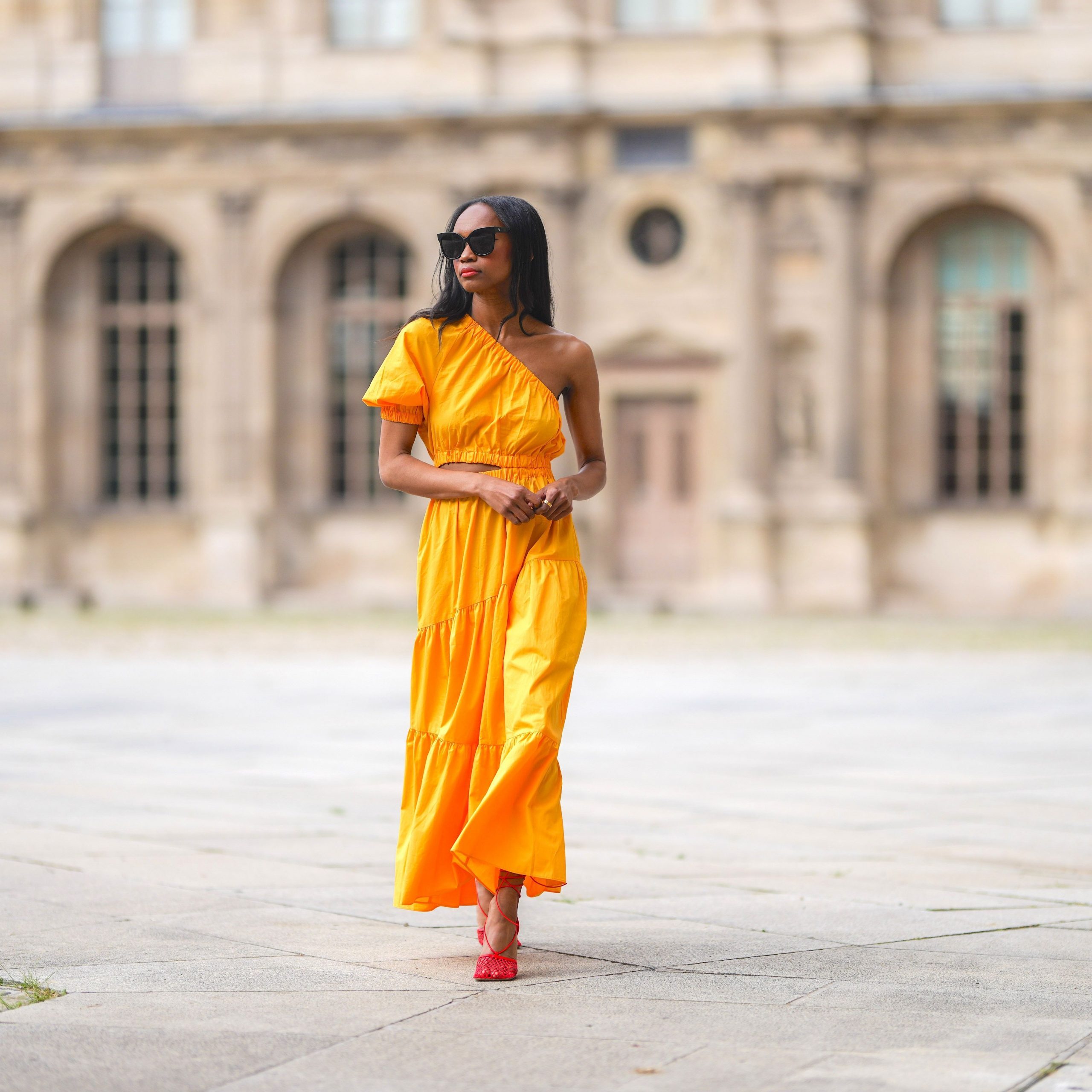 Vibrant Orange One-Shoulder Crop Top and Tiered Maxi Skirt Set Vibrant Orange One-Shoulder Crop Top and Tiered Maxi Skirt Set — Graduation Party Outfits