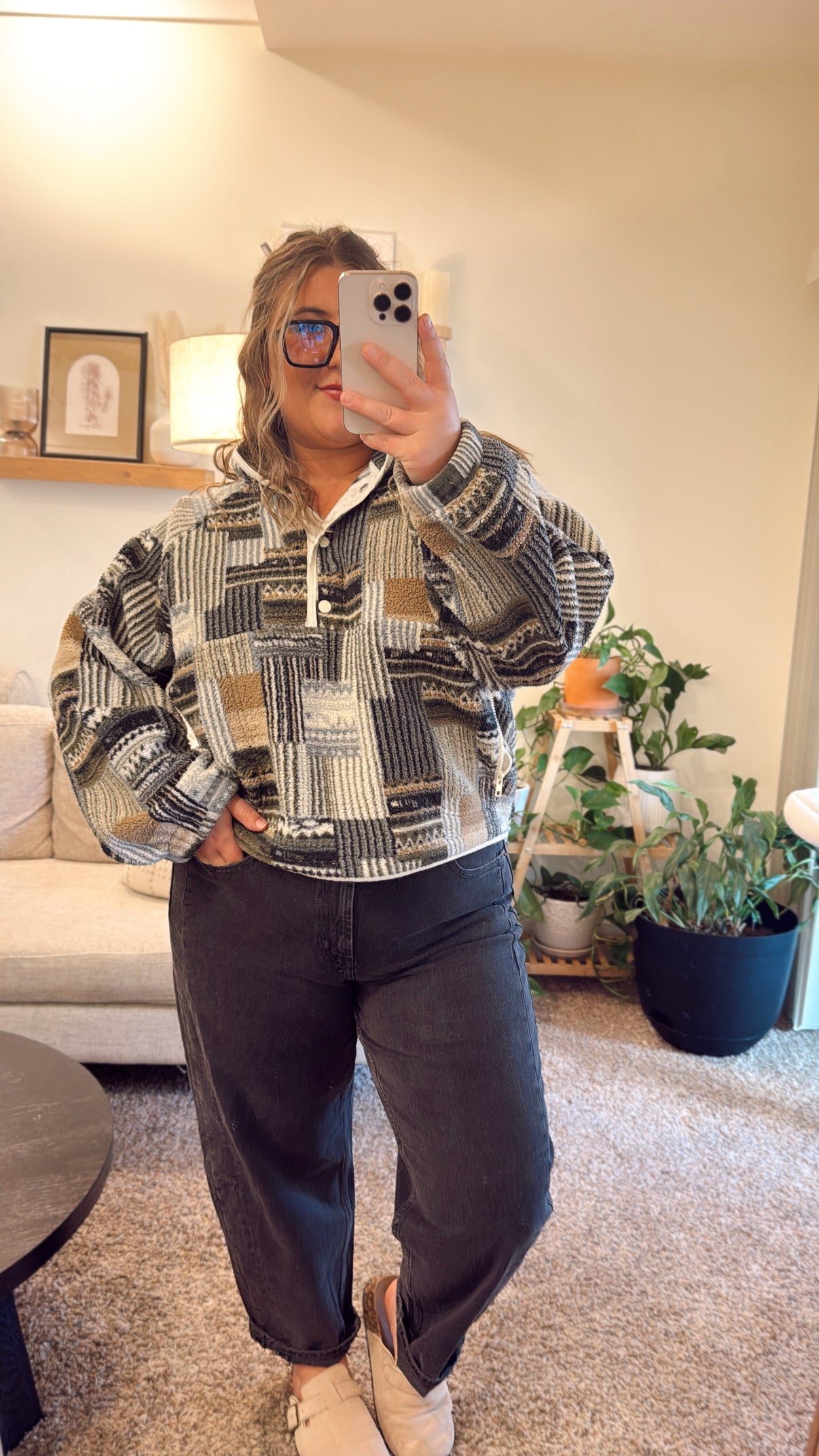 Patchwork Fleece Pullover with Collared Shirt Patchwork Fleece Pullover with Collared Shirt — Eclectic Grandpa Outfits