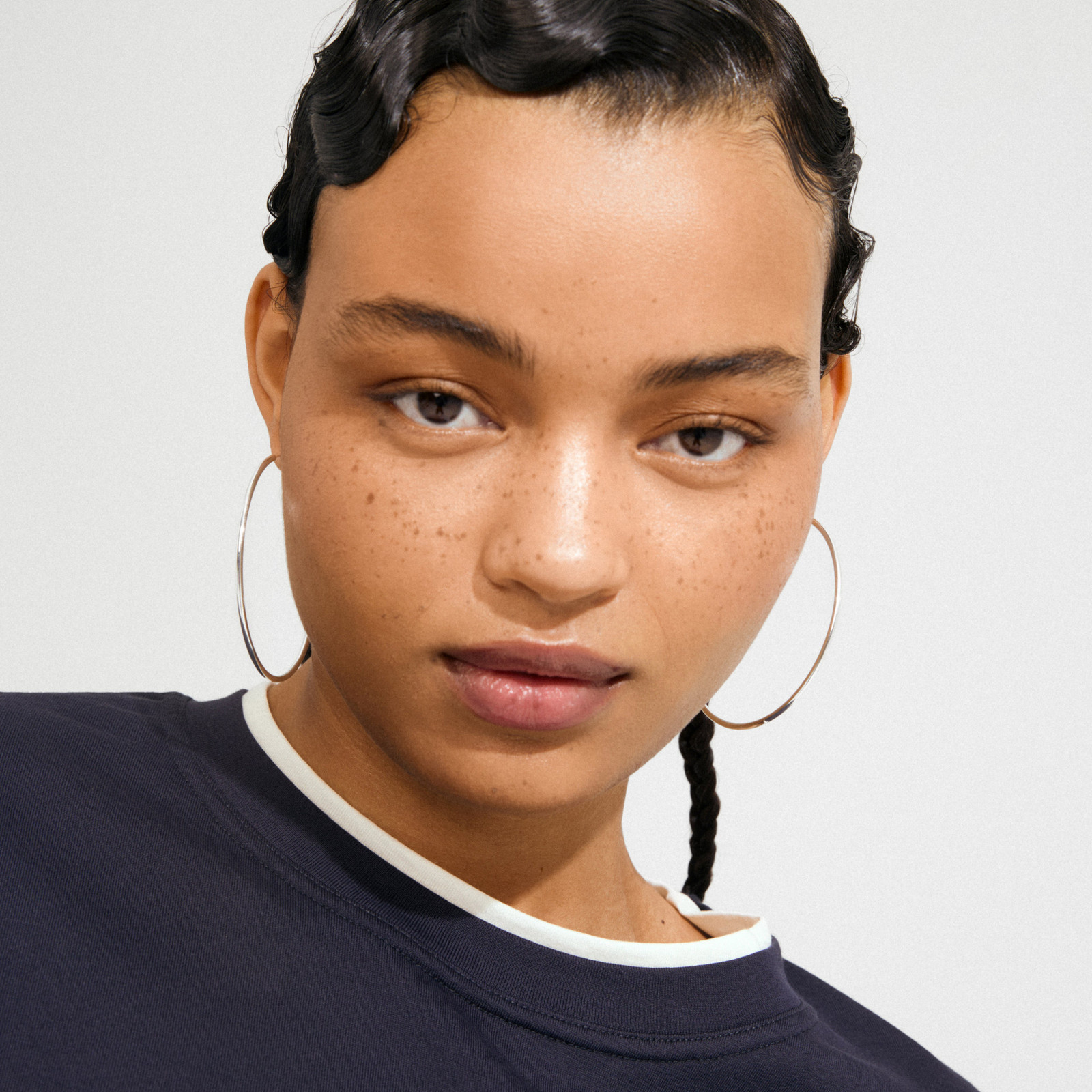 Classic Casual: Large Silver Hoops with a Navy Crew Neck — Silver Hoops Outfits