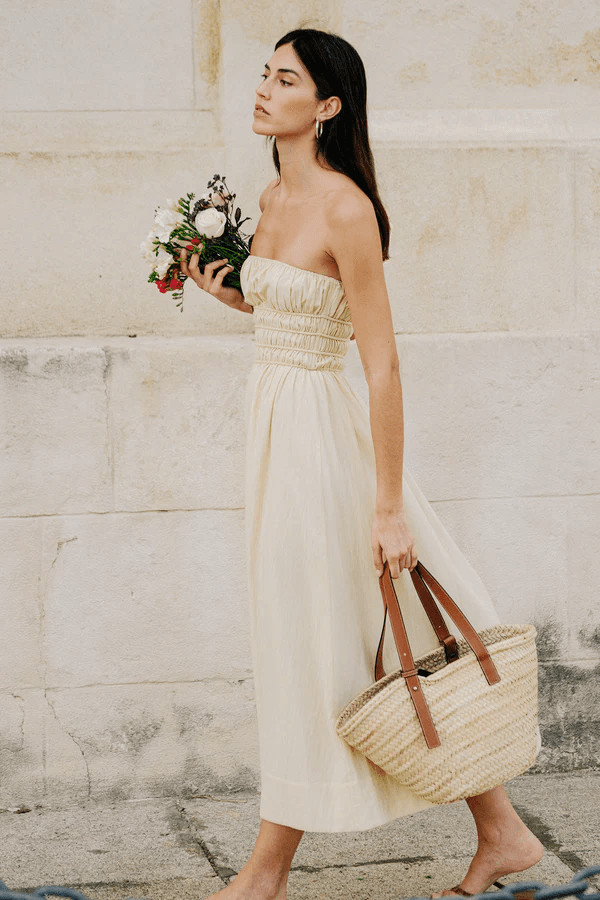 Cream Linen Strapless Midi Dress with Smocked Bust — Vacation Dresses