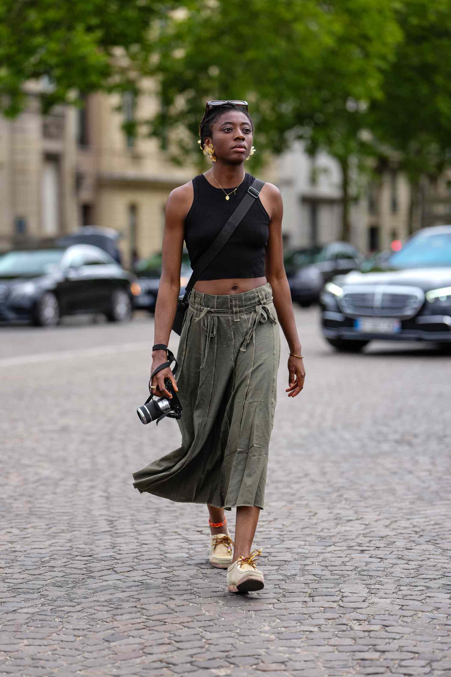 Utilitarian Olive Green Midi Skirt with Tie Waist and Crop Top Utilitarian Olive Green Midi Skirt with Tie Waist and Crop Top — Midi Skirts