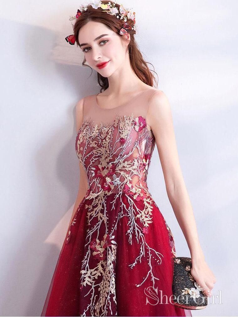 Burgundy A-Line Gown with Floral Lace Applique — Military Ball Dresses