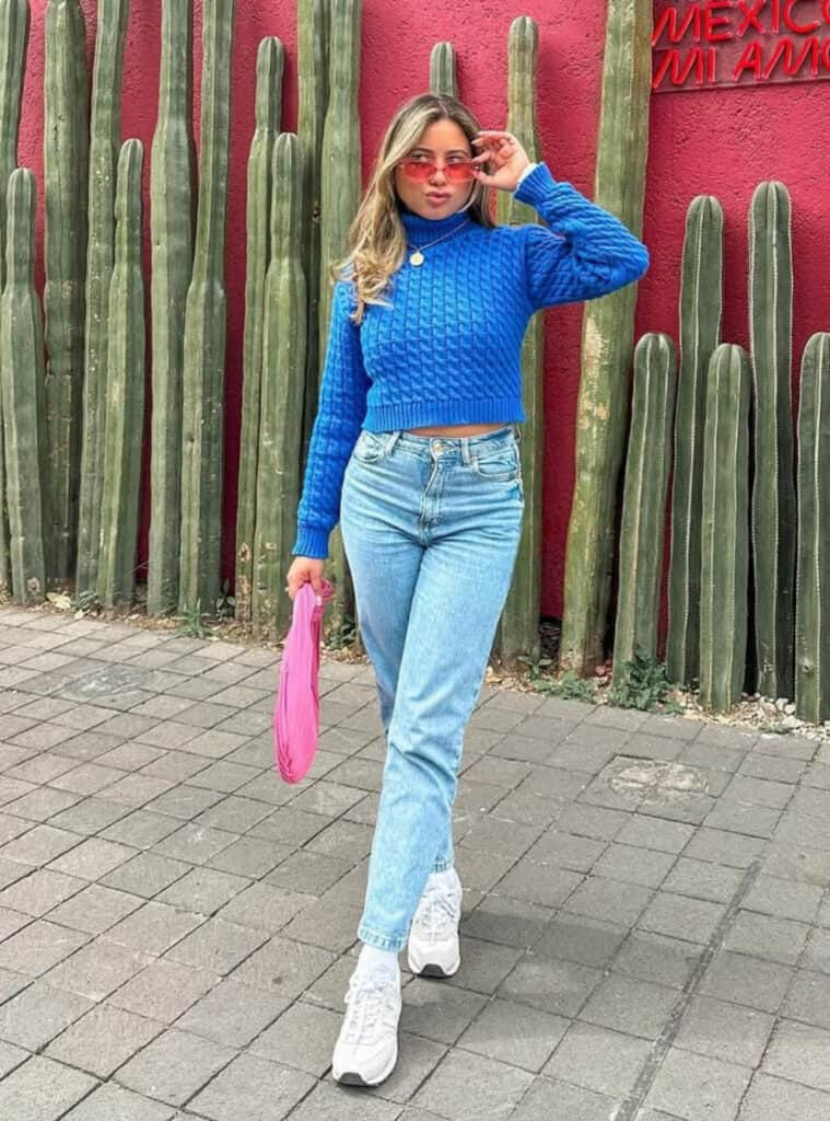 Vibrant Cable-Knit Sweater with Straight Leg Jeans — Mexico City Outfits