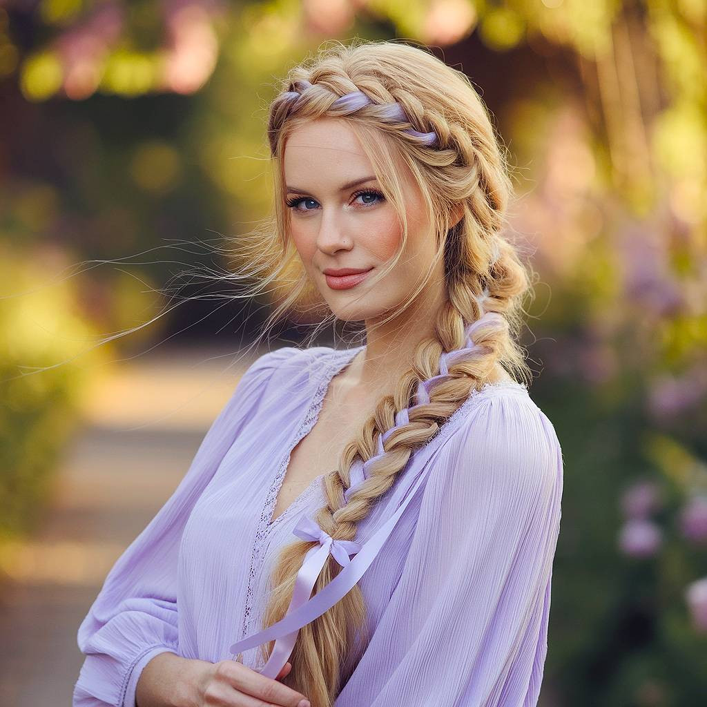 Blonde Side Braid With Lavender Ribbons Blonde Side Braid With Lavender Ribbons — Ribbon Hairstyles