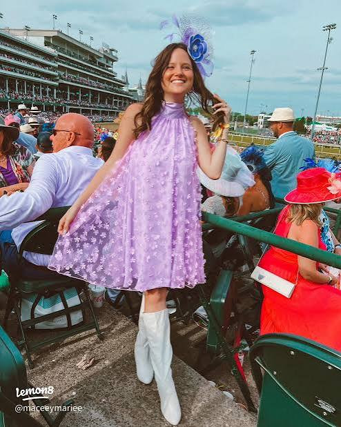 Lilac Halter Dress with Floral Appliques and White Boots — Kentucky Derby Outfits