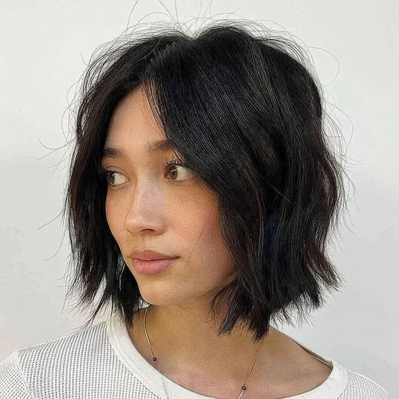 Textured Black Bob With Wispy Bangs Textured Black Bob With Wispy Bangs — Short Bob