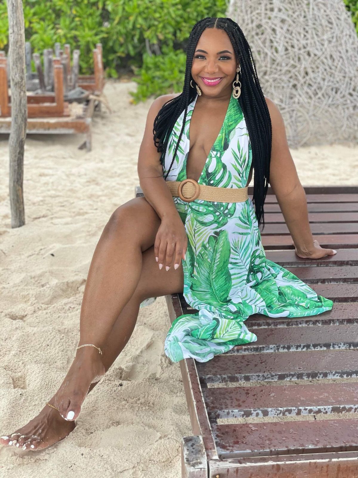 Tropical Print Halter Dress with Woven Belt — Tulum Outfits