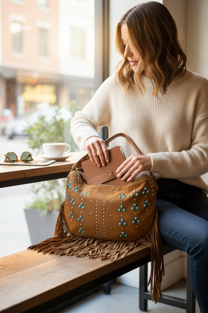 Fringed Tan Suede Hobo Bag with Turquoise Beads and Casual Knit — Hobo Bag Outfits