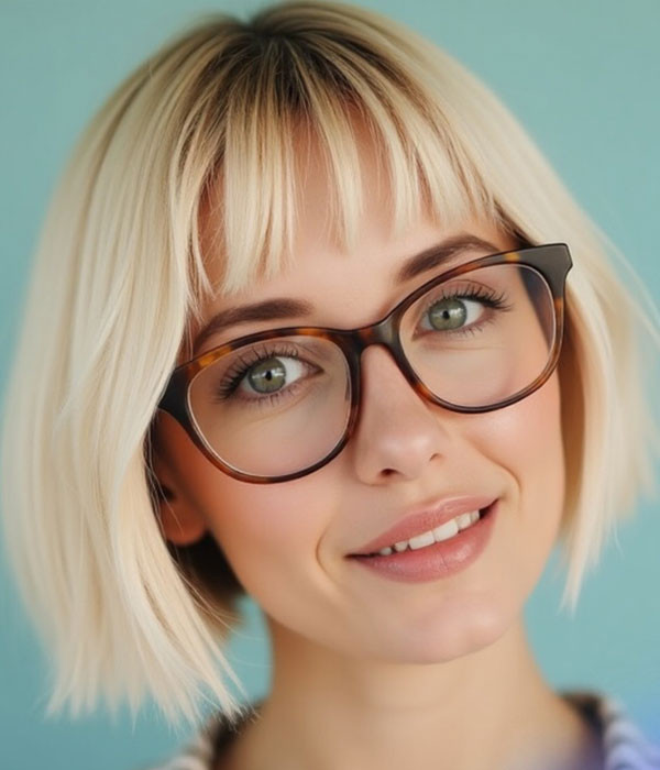 Platinum Bob with Blunt Bangs and Outward Curl Platinum Bob with Blunt Bangs and Outward Curl — Bob with Glasses