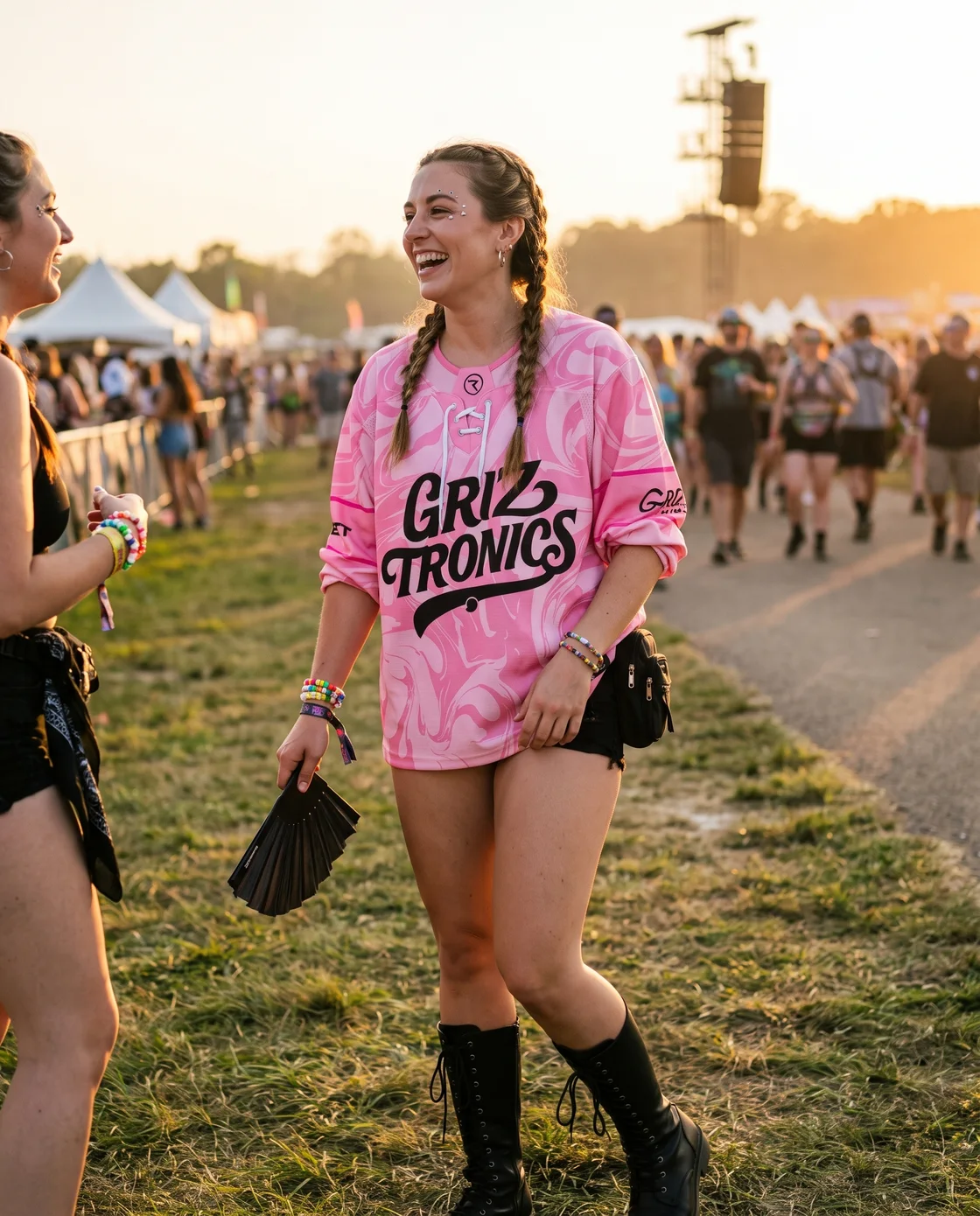 Vibrant Pink Jersey Top and Black Shorts with Lace-Up Boots — Rave Outfits