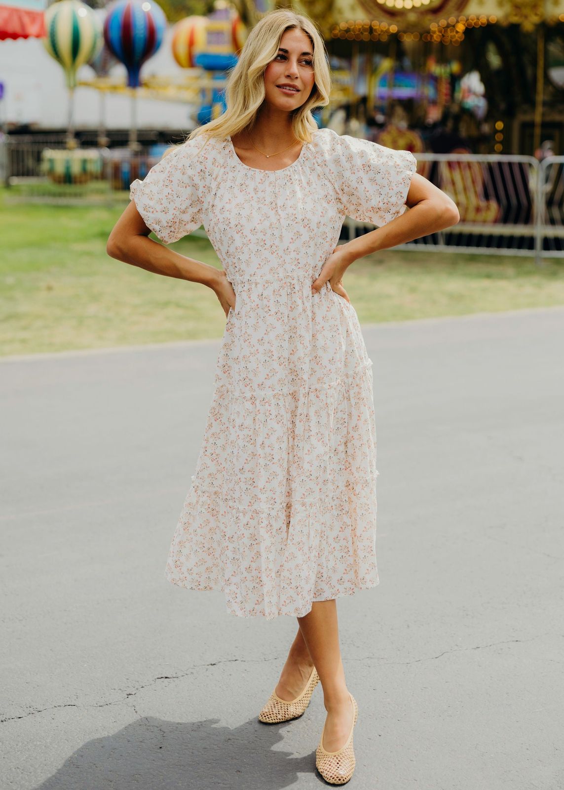 Tiered Floral Midi Dress with Puff Sleeves for Summer — Modest Dresses