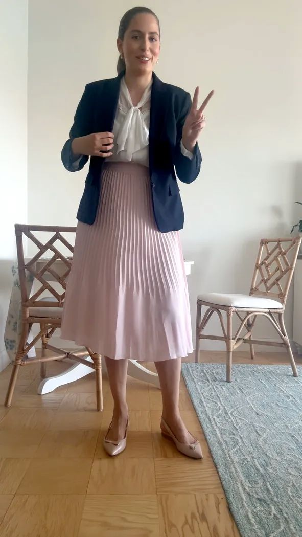 Navy Blazer with Pussy-Bow Blouse and Pleated Midi Skirt Navy Blazer with Pussy-Bow Blouse and Pleated Midi Skirt — Lawyer Outfits