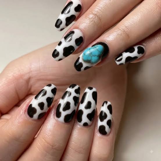 Long Almond Cow Print with Turquoise Stone — Western Nails