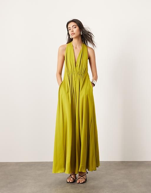 Vibrant Chartreuse Halter Maxi Dress with Ruched Waist — Halter Dresses