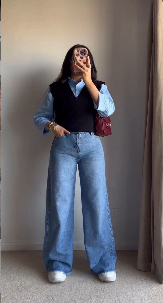 Preppy Vibes: Sweater Vest Over Collared Shirt with Wide-Leg Jeans Preppy Vibes: Sweater Vest Over Collared Shirt with Wide-Leg Jeans — Outfits for Women in Their 20s
