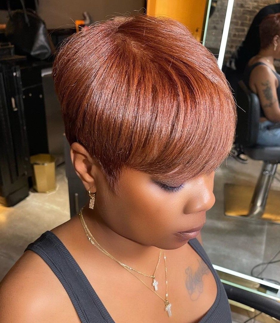 Coppery Red Pixie With Full Fringe — Pixie Haircuts