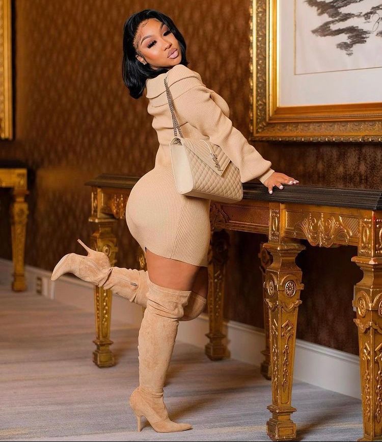 Beige Ribbed Knit Mini Dress with Over-the-Knee Boots — Fashion Nova Outfits