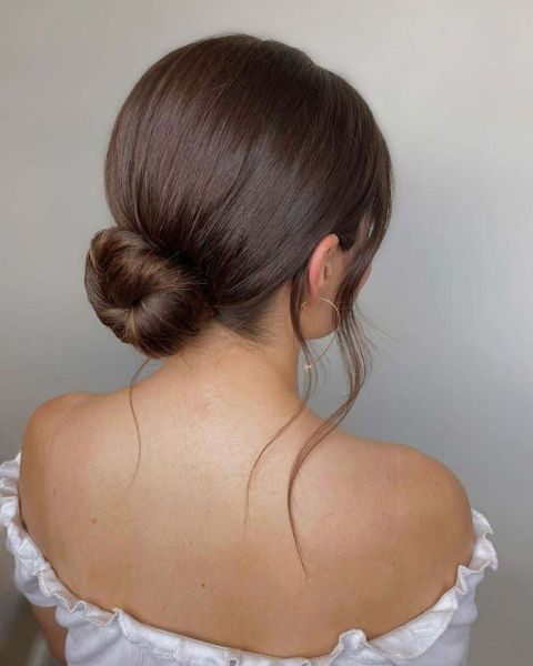Smooth Dark Brown Low Bun — Low Bun with Bangs