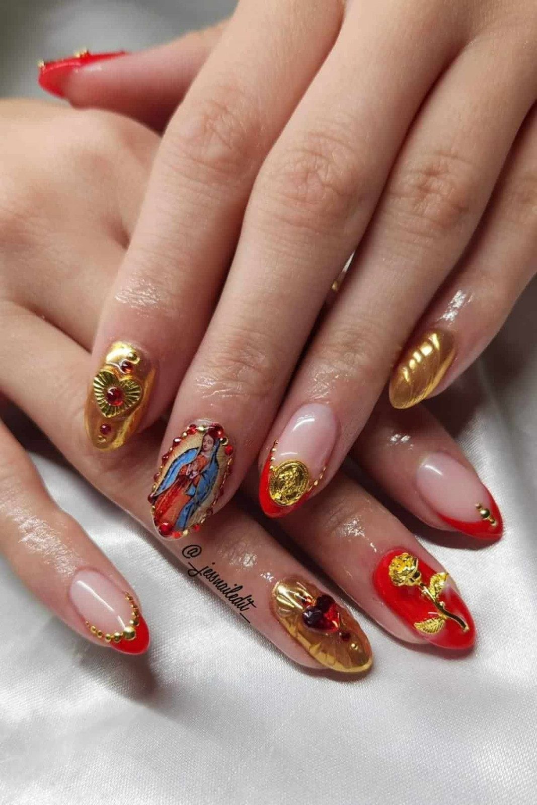 Red French and Virgin Mary Medallion Nails Red French and Virgin Mary Medallion Nails — Church Nails