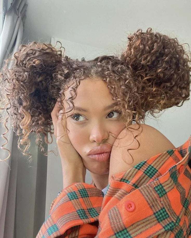 Thick Brown Curls in Double Buns Thick Brown Curls in Double Buns — 2C Hairstyles