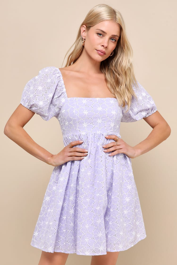 Lavender Eyelet Cotton Babydoll Dress with Puff Sleeves — Babydoll Dresses