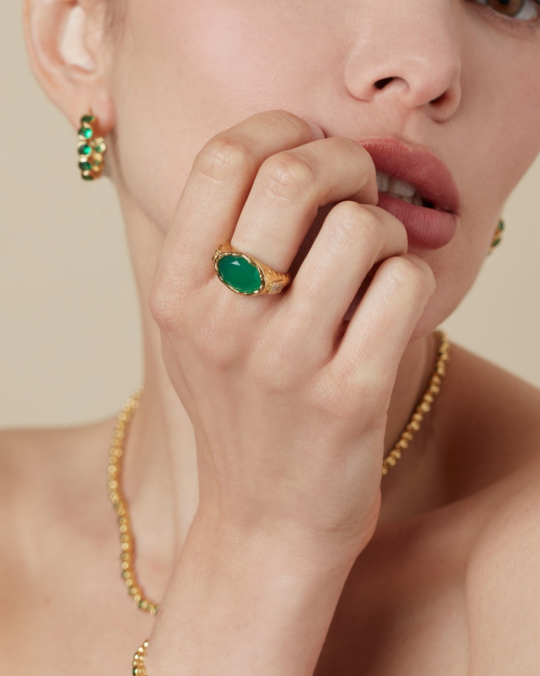Chunky Green Stone Ring with Gold Beaded Necklace — Chunky Rings