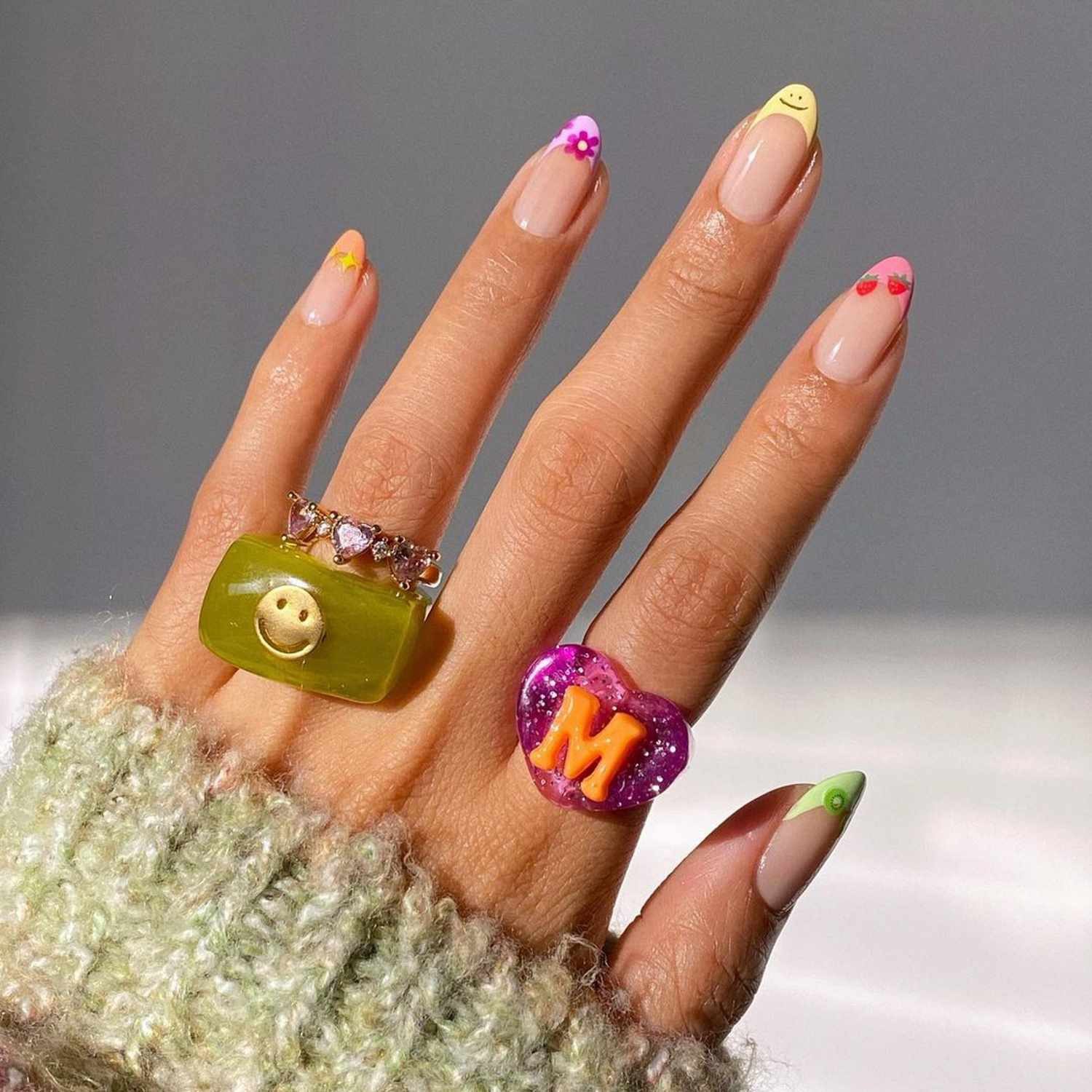 Motif French Tip Long Almond Nails Motif French Tip Long Almond Nails — Skittle Nails