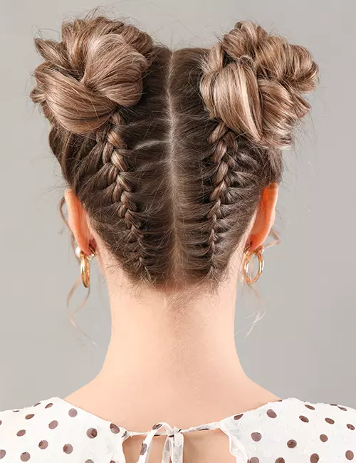 Ash Blonde Fishtail Braids Into Space Buns Ash Blonde Fishtail Braids Into Space Buns