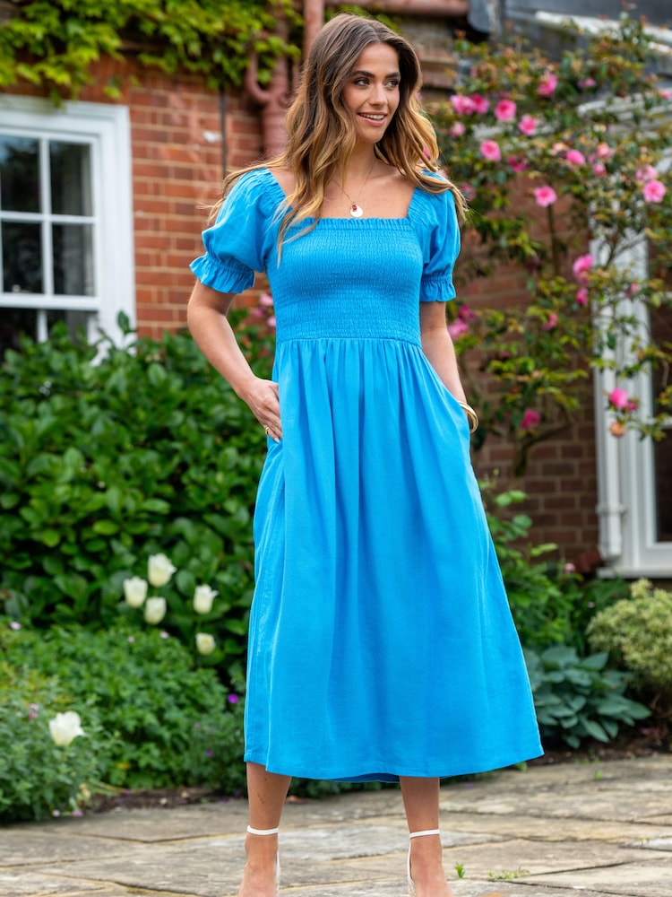 Smocked Bodice Midi Dress with Puff Sleeves for Casual Summer Smocked Bodice Midi Dress with Puff Sleeves for Casual Summer — Midi Dresses