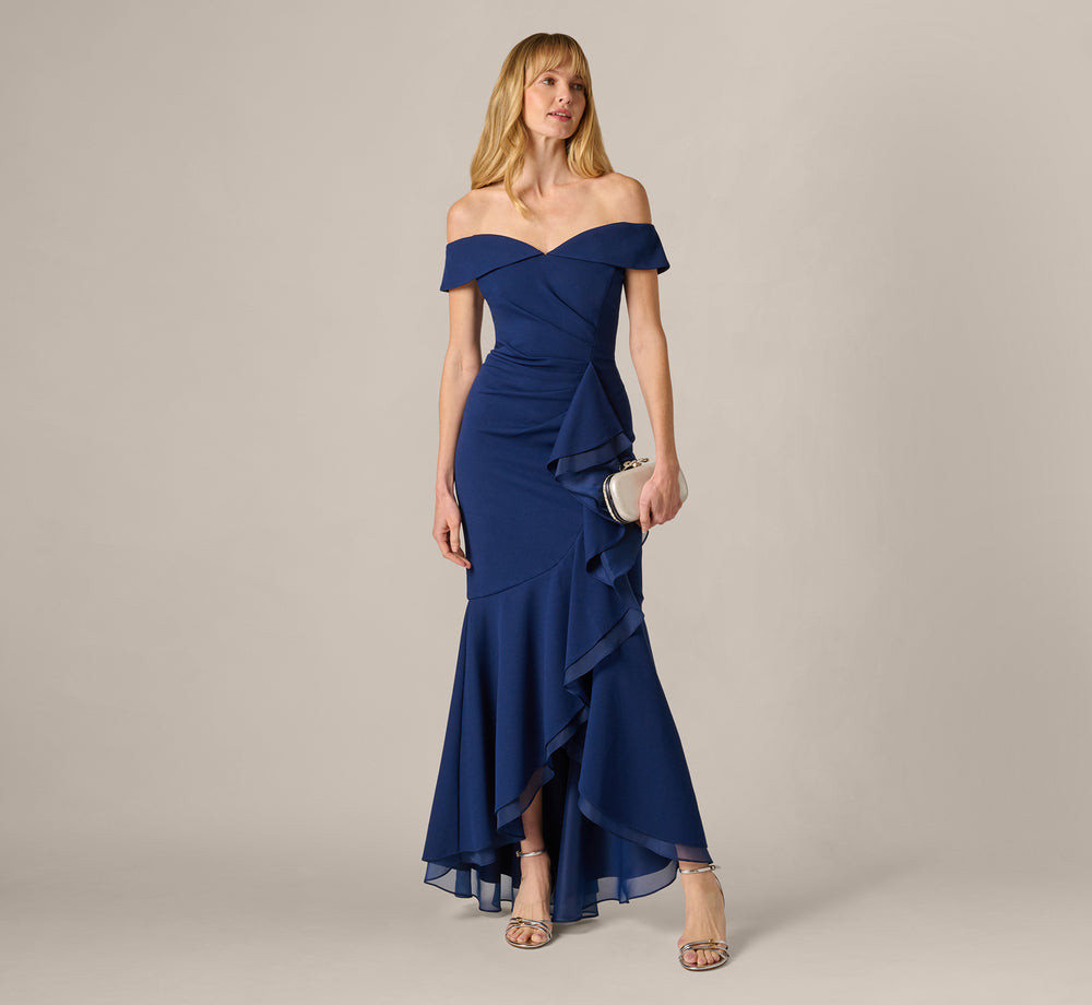 Navy Blue Mermaid Dress with Ruffled Cascade Skirt Navy Blue Mermaid Dress with Ruffled Cascade Skirt — Ruffle Dresses